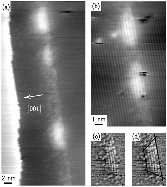 FIG 1. (a) and (b) STM images of InAs/GaAs QDs. The [001] growth direction is the same for both images, as indicated in (a). A step edge is seen in (a) that runs nearly parallel to the row of QDs.