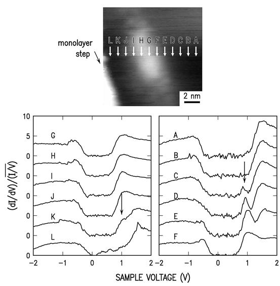 FIG 2. STM image (upper) and associated tunneling spectra (lower) of InAs QD.