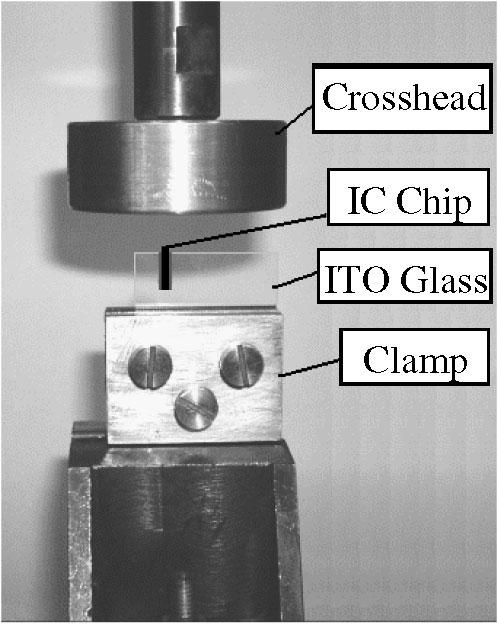 Effects of hygrothermal aging on anisotropic conductive adhesive joints 1387 Figure 3. COG specimen loaded in a shear-test machine. driven test machine and a cross-head speed of 1 mm/min.