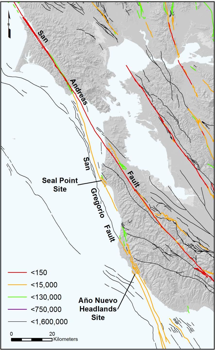 San Gregorio Paleoseismic Investigations Seal Cove Locality Simpson et al. (1998) Multiple surface rupturing events RL slip rate of 3.5 to 4.