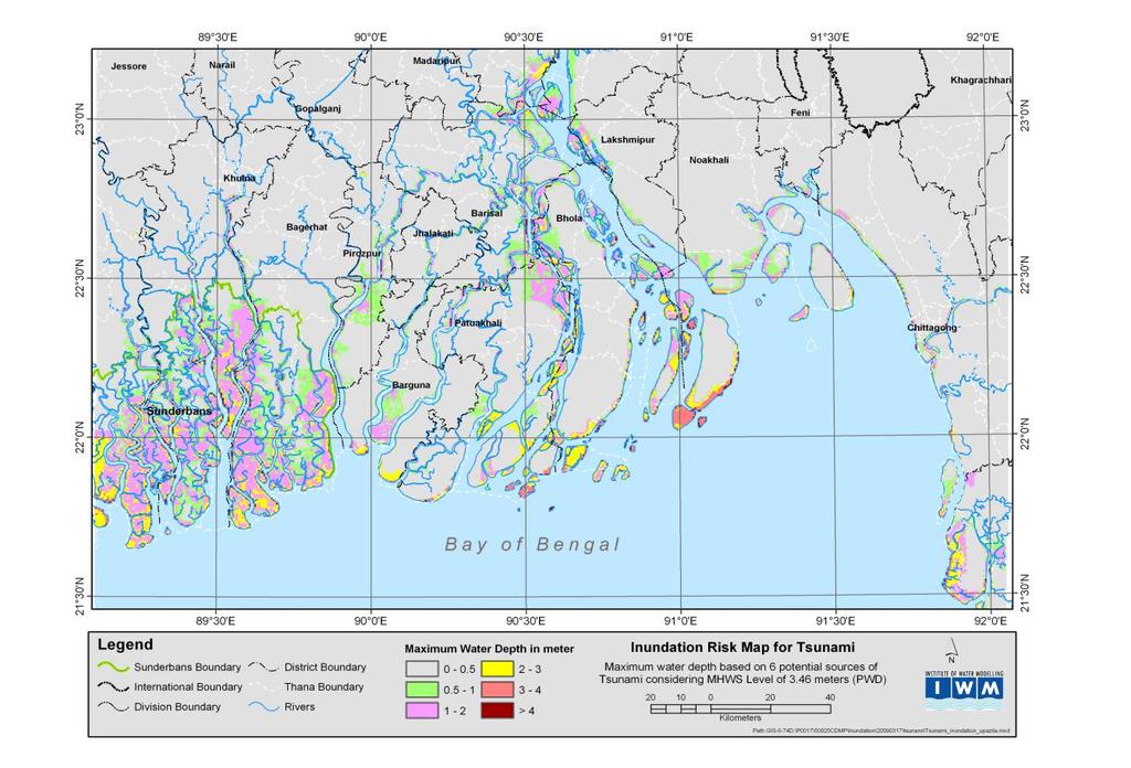 Figure 10: Inundation risk map of tsunami in the coastal region of Bangladesh IV.