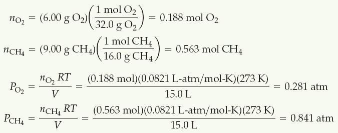 Sample Exercise 10.10 Applying Dalton s Law to the Partial Pressures A gaseous mixture made from 6.00 g O 2 and 9.00 g CH 4 is placed in a 15.0-L vessel at 0 C.