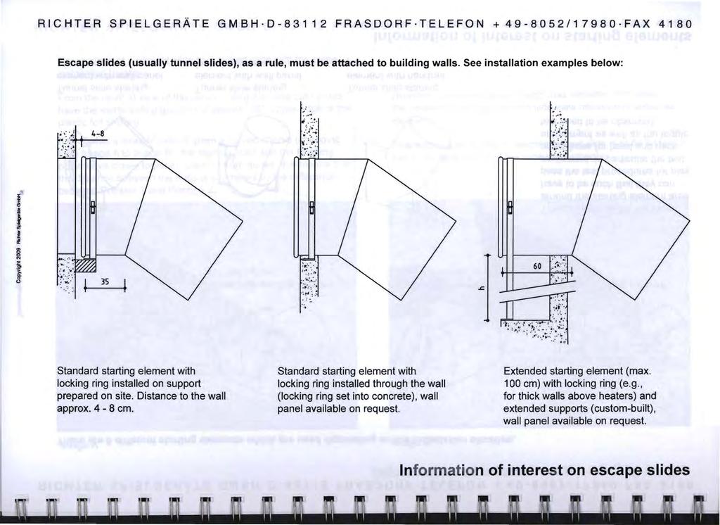 RCHTER SPELGERATE GMBH D-83112 FRASDORF TELEFON + 49-8052/17980 FAX 4180 Escape slides (usually tunnel slides), as a rule, must be attached t building walls. See installatin examples belw: ':'.