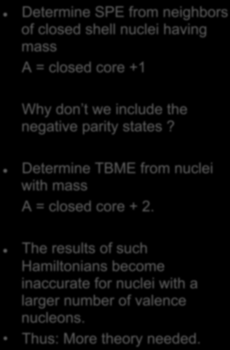 Empirical determination of SPE and TBME Determine SPE from neighbors of closed shell nuclei having mass A = closed core +1 Why don t we include the negative parity states?
