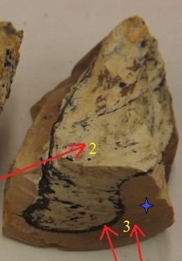 Area 1 shows uranium minerals along a fracture, and areas 2