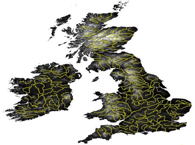 Figure 1: SRTM-30 data for the United Kingdom. the altimetry grid value of each point and the closest drainage value reached by following the local drain directions, among others.