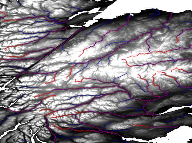 Figure 8: HAND process. data (green), SRTM-30 data (blue), and CCM2 database (red); the second scene, SRTM-90 and CCM2; and the third scene, SRTM-30 and CCM2.