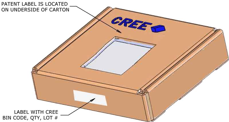 875 CREE BIN CODE, QTY, LOT# PATENT LABEL L IS LOCATED IS LOCATED ON UNDERSIDE OF DE OF COVER CARTON.875.38.