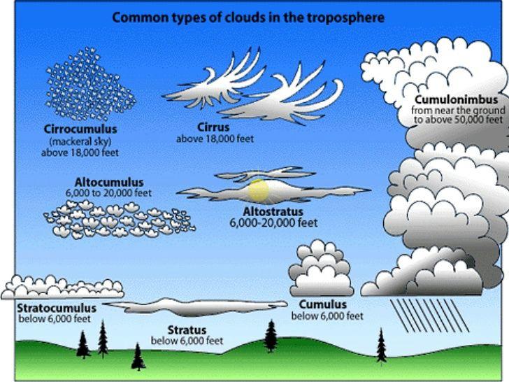 7. Describe Cirrus, Cumulus and Stratus Clouds and the types of weather associated with each of them.