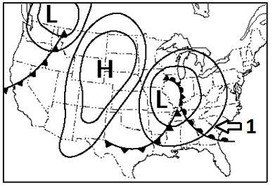 14. Look at the weather map above, if front number 1 continues to move northeast towards Pennsylvania what type of weather would you predict? Give two pieces of evidence to support your response.