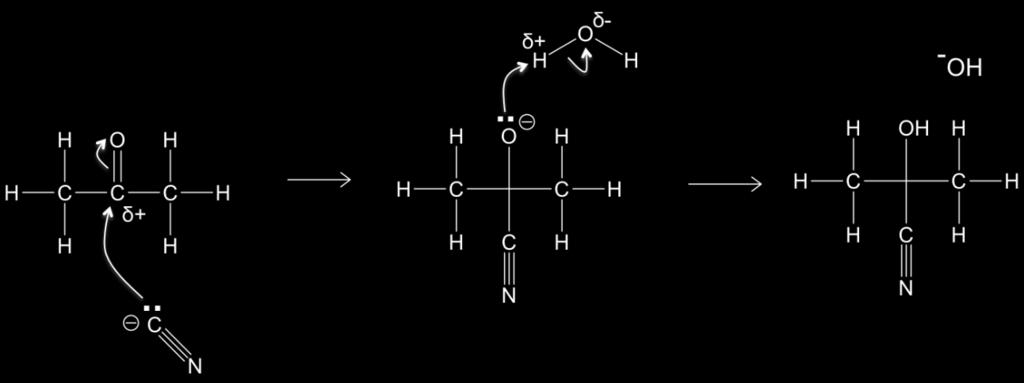 R hemistry A 432 arbonyl ompounds ii) reaction with N to form hydroxynitriles ydrogen cyanide adds across the = to produce an group and add a N (nitrile) group to the molecule.