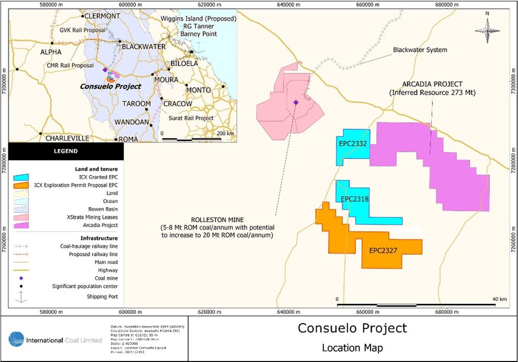 Consuelo Project EPC 2318, 2327 & 2332 Exploration Target: 800 1700Mt 1 in Bandanna Formation Nearby Deposits: Rolleston Mine, Arcadia Project Infrastructure: 20 30km to rail, 400km via rail to