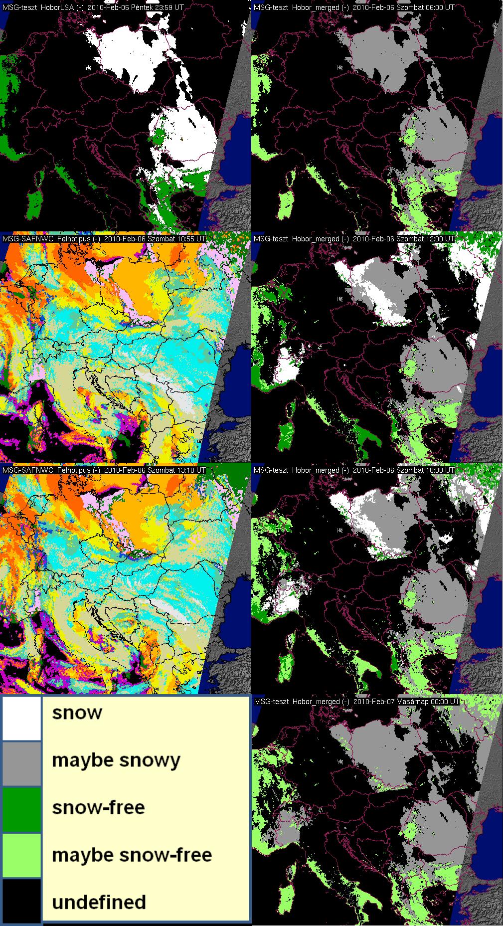 Figure 4: Merged snow cover maps of 07 February 2010 for 06, 12, 18 and 24 UTC are presented in the right panels of the 1 st, 2 nd, 3 rd and 4 th rows, respectively.