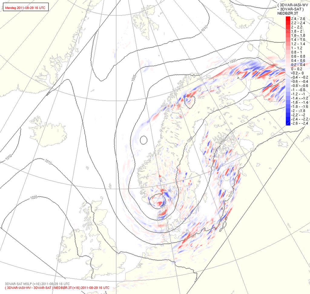 Figure 18: 3 hrs precipitation and pressure field from the experiment, 16 hours forecast valid 29 Aug 16 UTC.