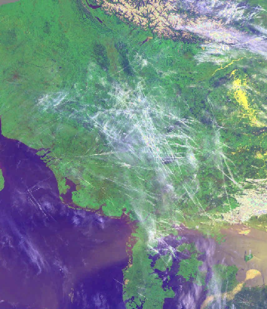 climate impact of air traffic: AVHRR-satellite picture: a) contrails can evolve into "persistent contrails" b) influence on cirrus clouds (via ice nuclei, H 2 O, etc.
