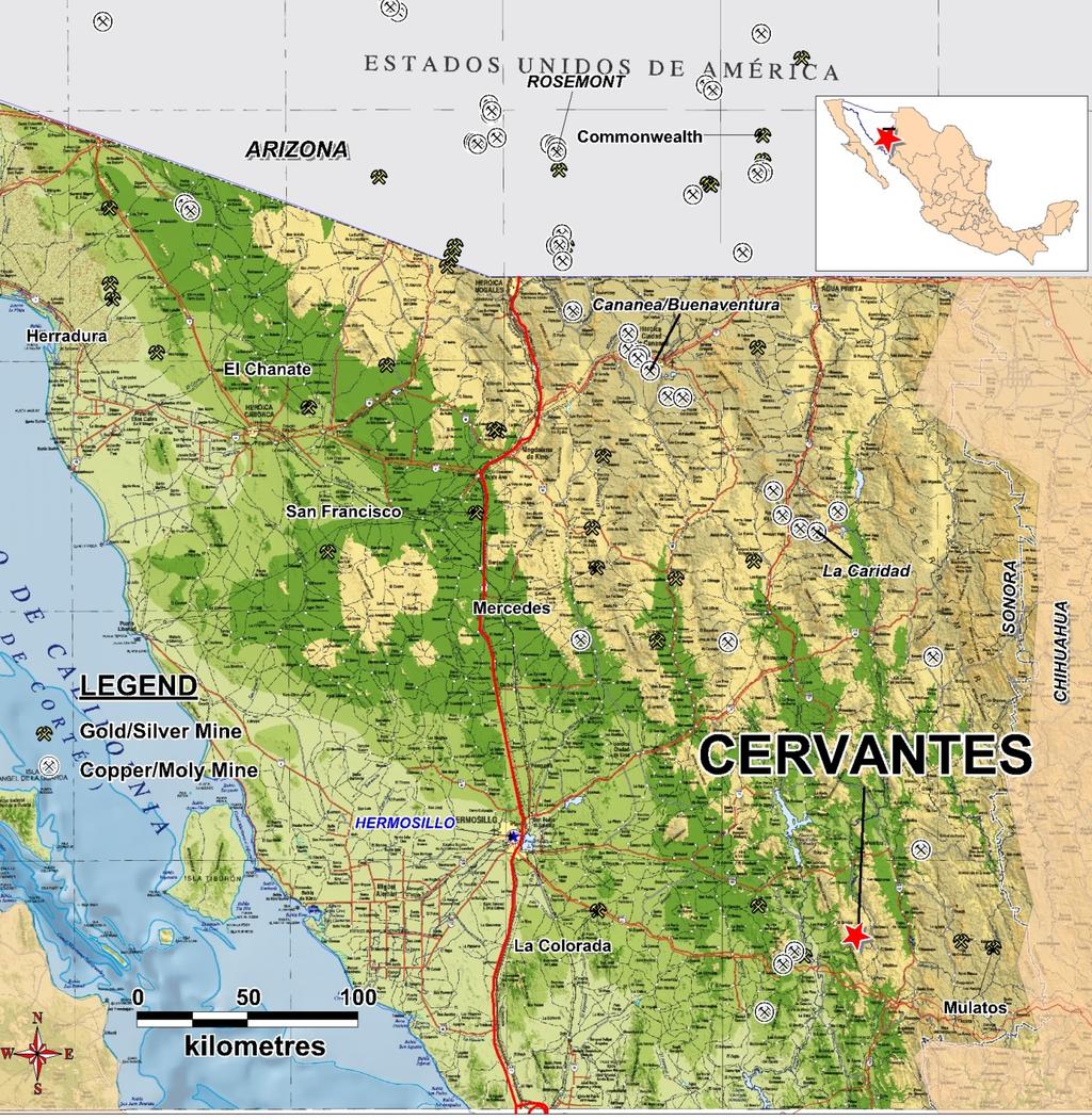 Cervantes Project Loca3on, Sonora, MX Located in Eastern Sonora State, 160 km east of Hermosillo, and 60 km west of Alamos Gold s Mulatos Gold