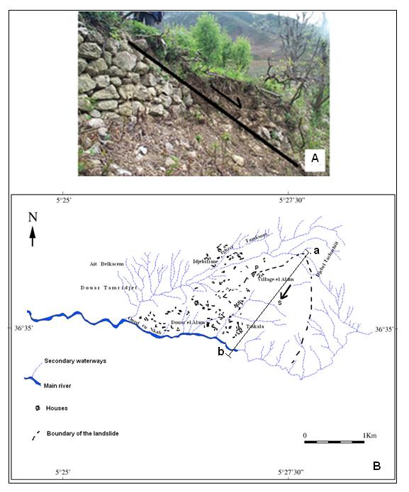 Figure 2. A- Photograph showing a 1.2 m displacement of stone cloture wall. B- Geographical setting of the Laalam landslide showing the drainage network and Laalam dweller.