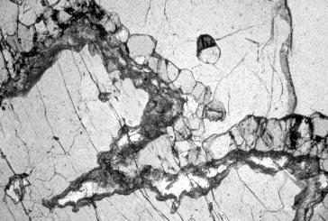 Garnet ( 1a ) crack filled by an opx 1b sil 1b symplectite. Sillimanite occurs as small euhedral prismatic crystals, which can contain relics of 1a.