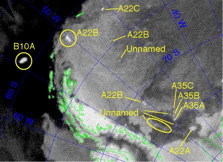 Figure 2. SeaWinds-on-QuikSCAT image showing icebergs in the Weddell Sea on JD 201 (July), 1999.