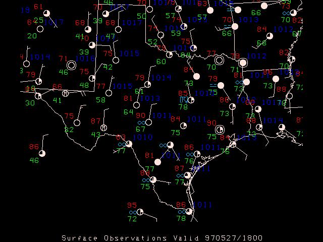 Figure 5: Surface observations from 18Z May 27, 1997. Figure 6 is a hand drawn crosssection from Fort Worth, TX (DFW) to Del Rio, TX (DRT). This cross section is valid for 00Z May 28, 1997.