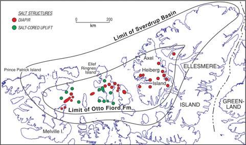 (a) Map of the Canadian Artic Archipelago with various geographic localities mentioned in the text. (b) Outline of Sverdrup Basin with basin axis.