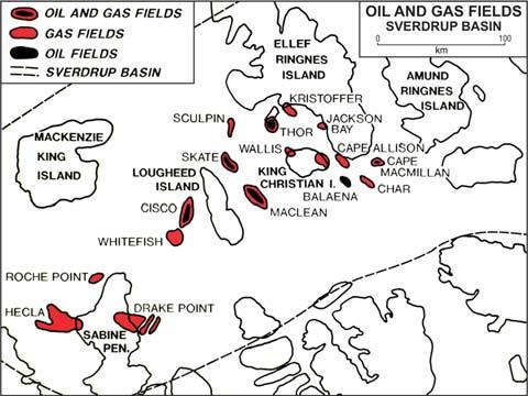 Oil and gas fields of the western Sverdrup Basin (modified from Waylett & Embry 1993).