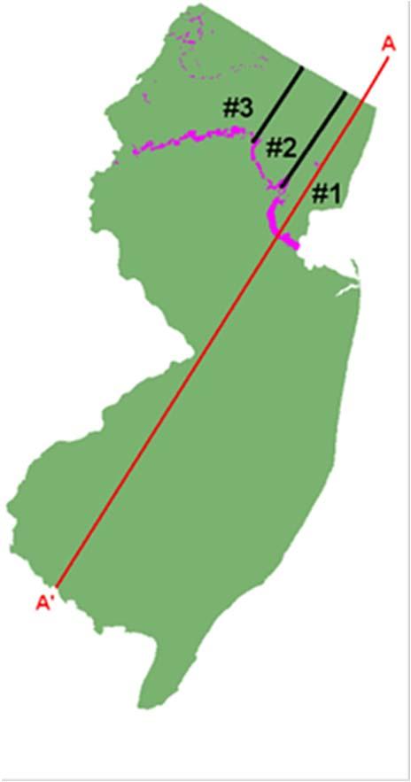 Figure 6. The pink corresponds to the terminal moraines, #1, #2, and #3 correspond to the different lobe of Northern New Jersey separated by black lines.