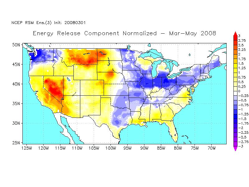 Fig. 4 Mar. 1 forecast of Mar.-May 2008 normalized FWI.