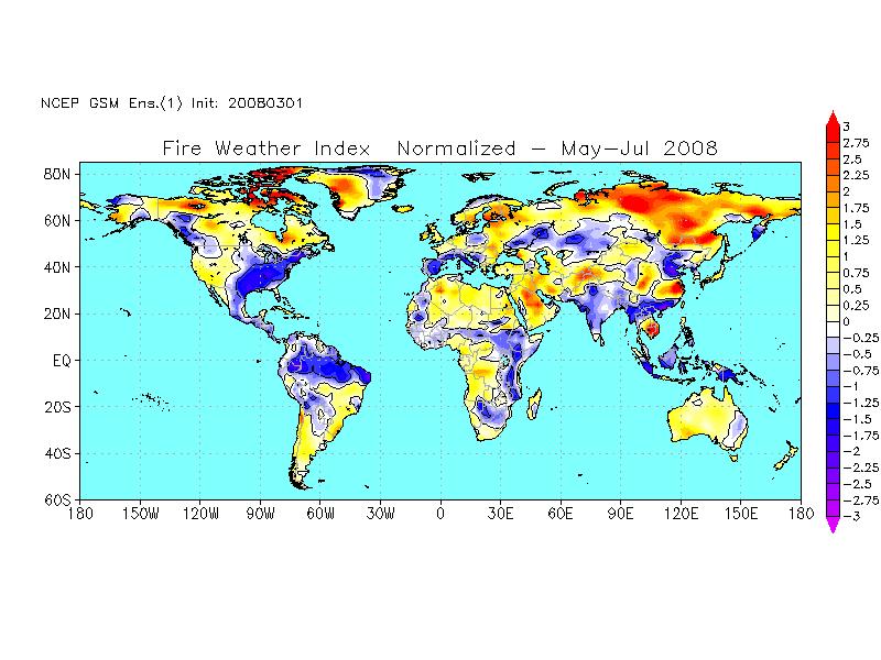 Fig. 8 Same as Fig. 4 but for Mar. 1 forecast of Apr.-June 2008 global normalized FWI.