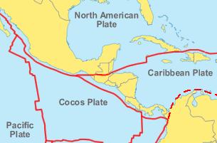 The Cocos Plate subducts along the Middle America Trench, under the North America Plate in the