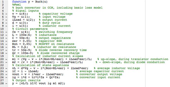 Basic buck converter model Averaged model for Simulink Integration of state variables Outputs Independent inputs Embedded MATLAB code block: Load