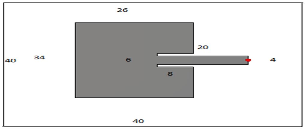Fig.2: Simulated Rectangular microstrip patch antenna (all parameters in mm). The simualtion result of the rectangular patch without metamaterial structure shown in fig.2 (all parameters in mm).
