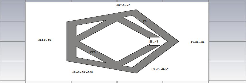 Fig.8: Rectangular microstrip patch antenna loaded with rectangular shape inside a pentagon metamaterial structure at the height of 3.276mm from the ground plane[m=4.384,n=5.2](all parameters in mm).
