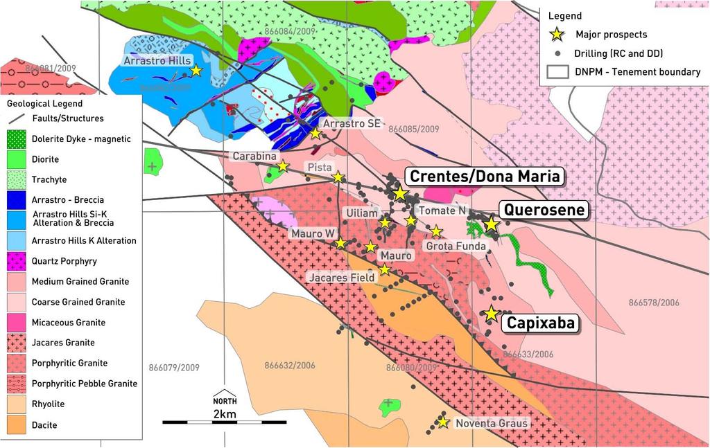 Figure 1: Crusader's Juruena Gold Project with prospects highlighted over regional geology Querosene Prospect Results released today include re splits of mineralised composite samples along with the
