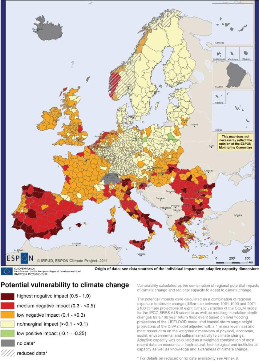 Potential vulnerability to climate change The potential vulnerability to climate change was assessed taking into account the adaptive capacity as well as climate change impacts, such impacts being
