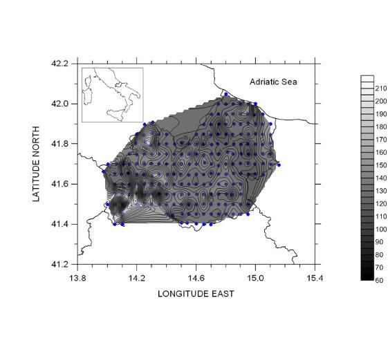 ER2010 Figure 1: Map of dose rates in the regione Molise including the part deriving from cosmic radiation and the one from natural radioactivity in the soil.