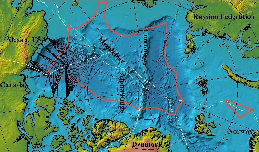 Figure 1 -The 200 M EEZ (in red) in the arctic with hypothetical bilateral median and equidistance lines (in white) separating all arctic states. ETOPO2 bathymetry is shown.