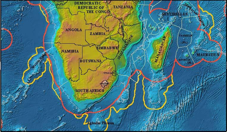 Figure 5 - Hypothetical formulae lines justifying the extension of the continental shelf beyond 200 M for southern Africa (shown in green). 2.3.