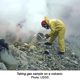 The most common volcanic gases are water vapor (H 2 O), carbon dioxide (CO 2 ), and sulfur dioxide (SO 2 ). Sampling can be done by a scientist or by a sensor that sends data back to the scientist.