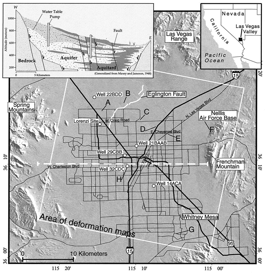 1552 Figure 1. Location map of Las Vegas Valley. The white frame indicates the area displayed in Plates 1, 2, and 3. The letters A H label the same areas as in the displacement maps.