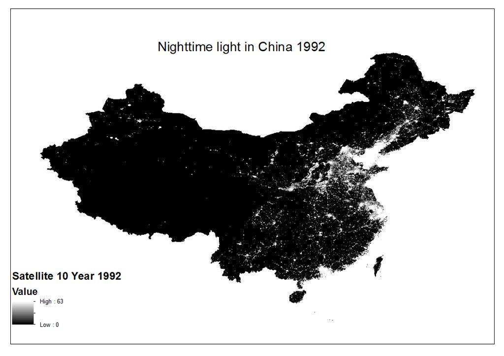 Figure 2: Nighttime light in China in 1992 and 2010 pp Note: These figures displays the prevalence of nighttime light per 1 km 2 for 1992 and 2010, respectively.