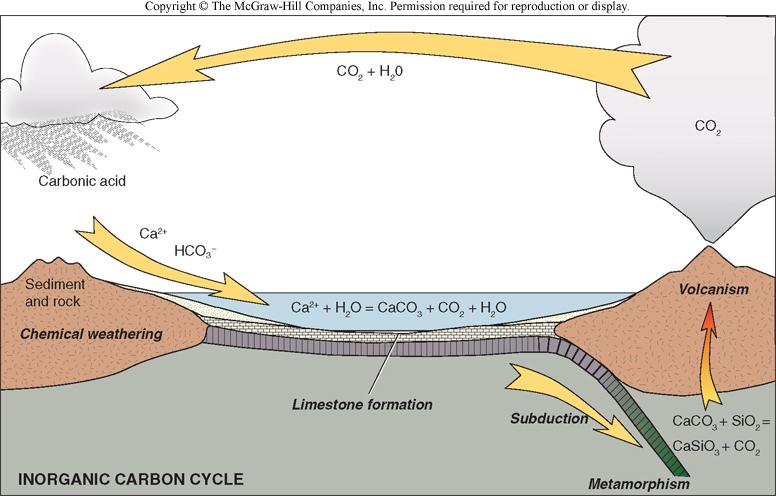 carbonic acid essential for weathering (carbon cycle)! carbon (inorganic) cycle! carbon dioxide in atmosphere combines with water to make carbonic acid!