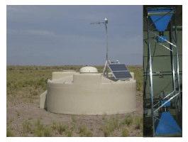 Figure 3. View of a unit of the Pierre Auger water Cherenkov detector (left) and the vertical Tupi telescope (right). On the other hand, the Tupi experiment has two muon telescopes [14].