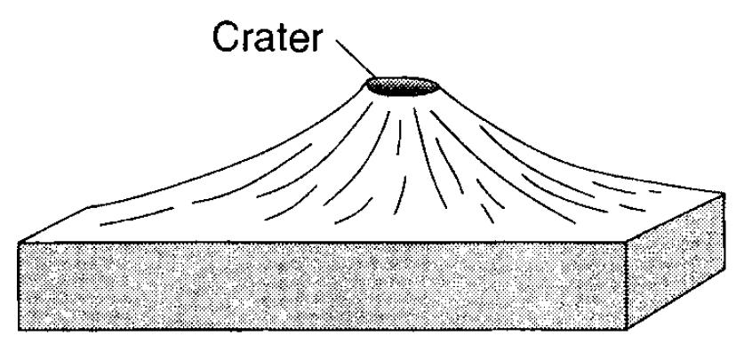 15. The block diagram below shows a volcano. Which map shows the stream drainage pattern that most likely formed on the surface of this volcano? A) B) C) D) 16.