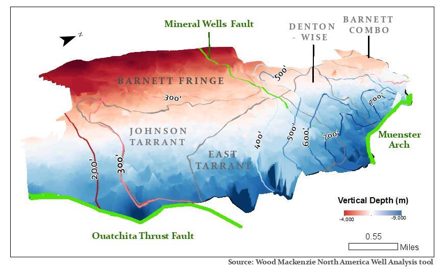 Geology: vertical depth and thickness Depth and thickness increase to