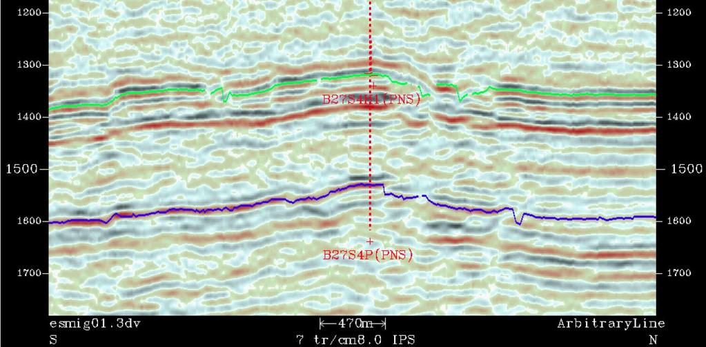 Southwest (left) to northeast (right) seismic line through the B274WPST1. A horizon within the Natih Formation is shown in green. The top Shuaiba Formation is shown in violet.