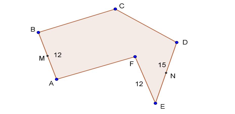 a. 55 b. 41.5 c. 12 + 6 2 d. 24.3 e. 6 3 + 6 2 20. If BC = AF, find the radius of a circle whose area is equal to the area of the figure. a. 9.77 b. 10 c. 17.32 d. 8.