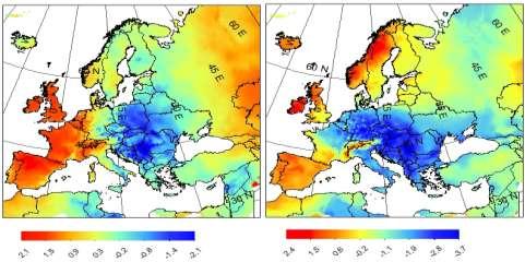 1- Minimum temperatures anomalies for HM types winter (left) and