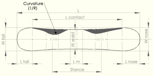 Geometry & Shape Dimensions Sidecut shape Camber profile Inserts positions Input parameters: - L, L m, L contact - L nose, L tail, L camber - W nose, W waist, W