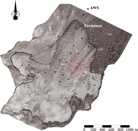 12 Vincent and Six: Solar-radiation and temperature contributions in ETI models Fig. 1. Map of Glacier de Saint-Sorlin, French Alps, derived from aerial photographs taken in 2003.